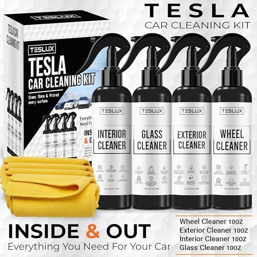 Complete Cleaning Kit for Tesla – Interior Cleaner, Exterior Cleaner, Glass Cleaner, Wheel Cleaner – All-in-One Detailing Solution for Tesla Model 3, Y, S, X