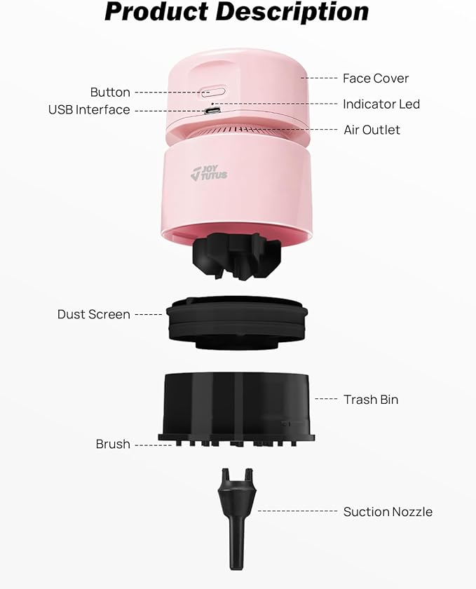 JOYTUTUS Mini Vacuum Cleaner Desk Vacuum Portable Cordless 360º Rotatable Handheld Vacuum 2 Suction Modes USB for Car/Home/Pet Hair/Office/Desk/Keyboards Pink
