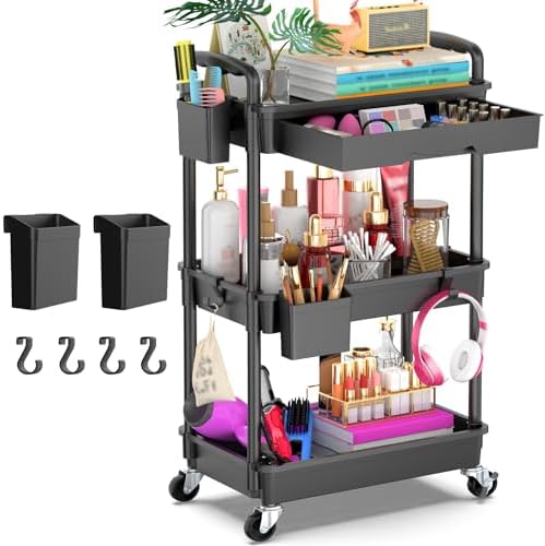 3 Tier Rolling Utility Cart Organizer with Removable Drawer, Black
