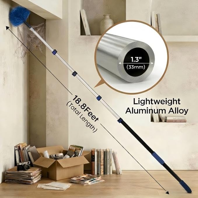 25ft High Ceiling Duster Kits with 5-18ft Heavy Duty Extension Pole - Fan Blade Cleaner, Cobweb Remover & Blue Window Squeegee Kit, Washable Dust Brush for High Roof and Glass Surfaces