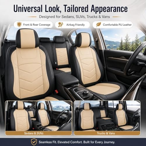 Car Seat Covers Full Set 5 Seats, Leather Car Seat Cover, Car Seat Cushion Waterproof, Front Seats Back Seat Covers, Car Seat Protector Universal Fit Trucks Vans SUVs Sedans Most Cars Black&Tan
