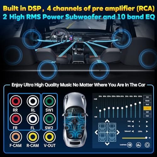 7" Wireless Double Din Car Stereo Apple Carplay Radio Screen for Car Audio Receivers, Bluetooth 5.3 Car Play Android Auto Touchscreen, 240W 4.2 CHN 2 Subwoofers Outputs, Backup Camera, SWC, FM/AM