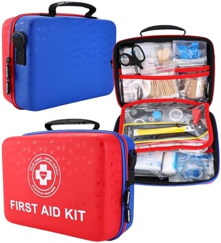 Large First Aid Kit - 410 Piece Dual-Color Emergency Kit with Hard Shell & Fluorescent Interior Coating, Professional Survival Kit for Home, Car, Travel, Hiking & Outdoor(Red/Blue)