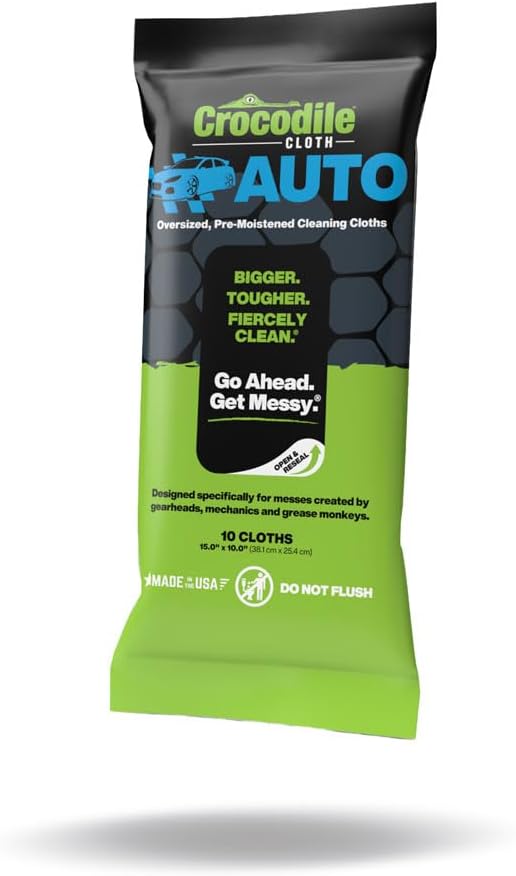 Crocodile Cloth Auto Cleaning Wipes – 10 XL (15" x 10") Disposable Wipes for Car Engine Degreasing, Body Detailing & Tire Cleaning – Cuts Grease, Oil, Adhesives on Hands, Tools, Parts & More