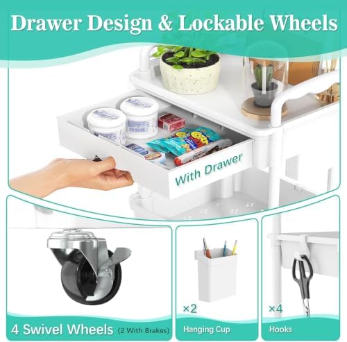 3 Tier Rolling Cart with Drawer, Craft Storage Cart Organizer,White