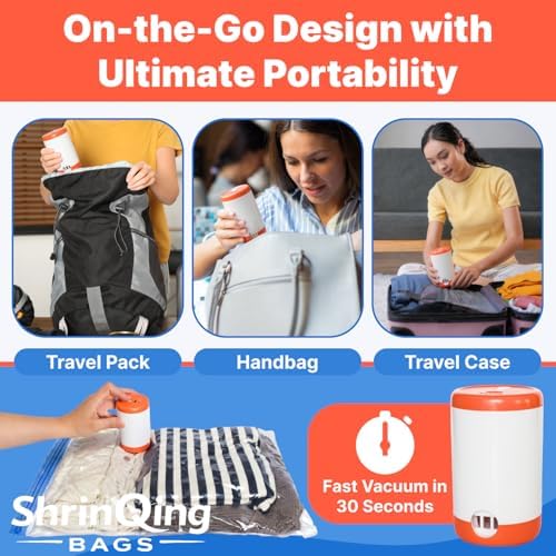 ShrinQing 12PCS Vacuum Storage Bags - with Rechargeable Electric Pump – Compression Vacuum Seal Bags for Travel, Luggage & Closet Organization – Space Saver Bags Set, 3 Sizes – Airtight, Reusable