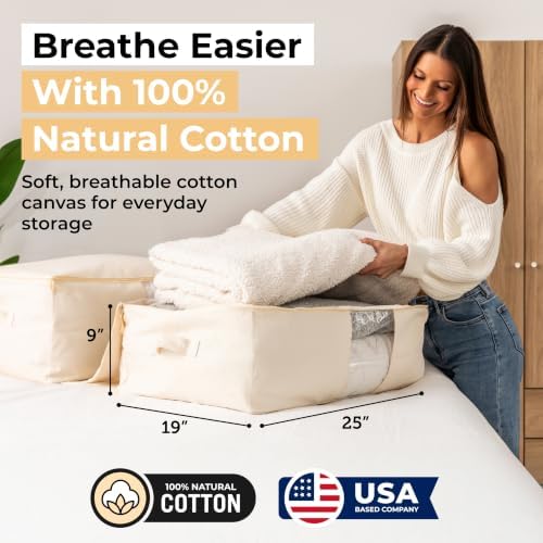 Soft Canvas Storage Bags with Zipper. Thick Breathable, 2pc King/Queen Comforter Organizer. Four Carrying Handles and Window. Large 25x19x9in Bag for Sheets Blankets Bedding Pillows, Clothes