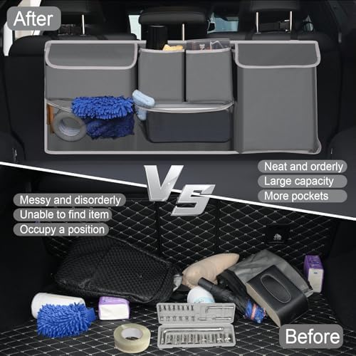 Trunk Hanging Organizer, Backseat Storage Bag, Collapsible Car Interior Accessories with 4 Pockets & 2 Mesh Pouches for Tools, Provide More Storage Trunk Space for SUV, Jeep, MPVs (Grey)