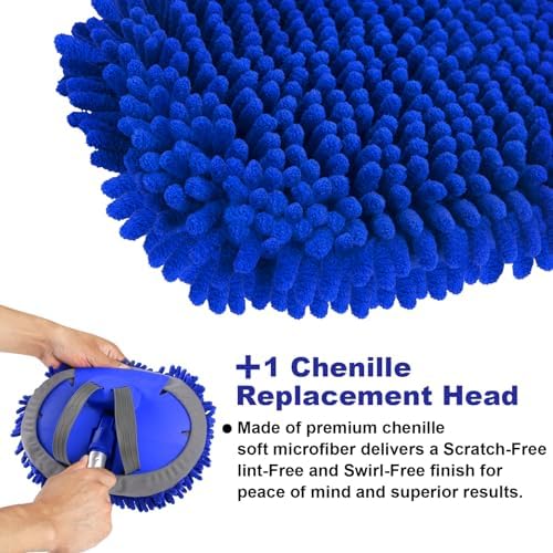62" Microfiber Car Wash Brush with Long Handle Car Washing Mop Kit Mitt Sponge Car Cleaning Supplies Kit Duster RV Washing Car Brush Accessories, 1 Chenille Scratch-Free Replacement Head