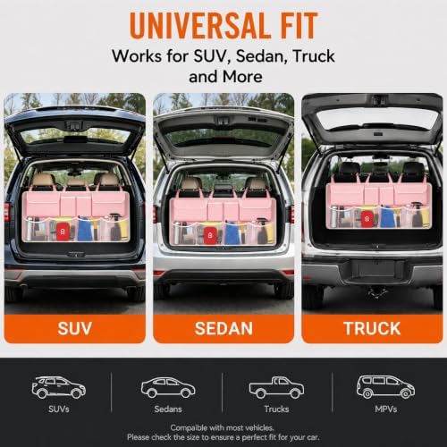 Car Trunk Organizer, Large Capacity Backseat Trunk Storage Organizer with 8 Pockets, Foldable SUV Cargo Organizer for SUV, Truck, Van & MPV, Black (Pink)