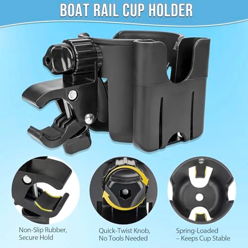 Boat Rail Cup Holder 2 Pack, No-Drill Clamp-On Marine Cup Holders 360° Adjustable for Pontoon Boat, Bimini Top, Grab Bar, PWC, Jet Ski, Fits Round & Square Rails 15-40mm, Boat Gifts for Men