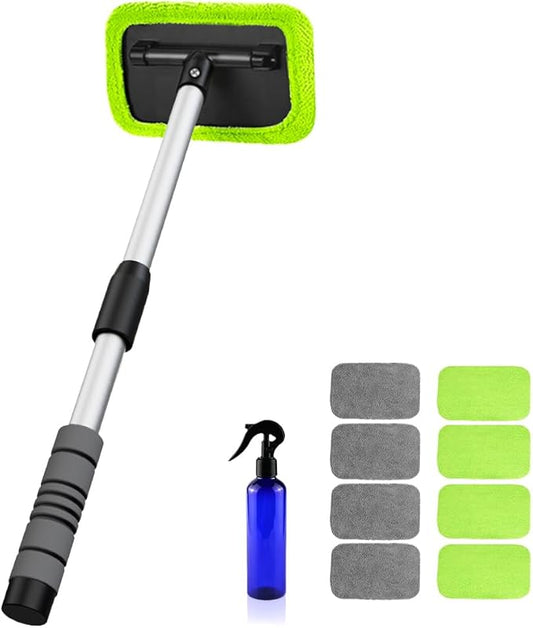 XINDELL Windshield Cleaner Tool – Car Window Cleaning Tool 22inch Extendable Long Handle for Easy Cleaning, 9pcs Reusable Microfiber Pads, Streak-Free Interior & Exterior Auto Glass Cleaner (Green)