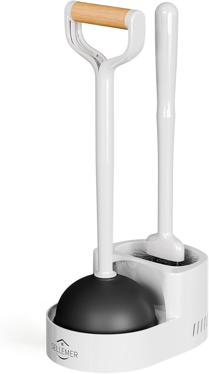 Sellemer 2 in 1 Toilet Brush and Plunger Set, Curved Design Head for Deep Clean, Heavy Duty Toilet Bowl Brush and Plunger Combo with Holder for Bathroom,White, 1 Pack