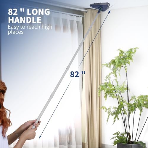 Wall Cleaner Mop with 82 Inches Long Handle, Baseboard Cleaner Tool Duster with Squeegee, Ceiling Cleaning Tool with 6 Replacement Pads for Painted Walls, Window, Floor - Blue