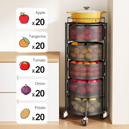 5-Tier Fruit and Vegetable Basket Bowls for Kitchen, Rotating, Black