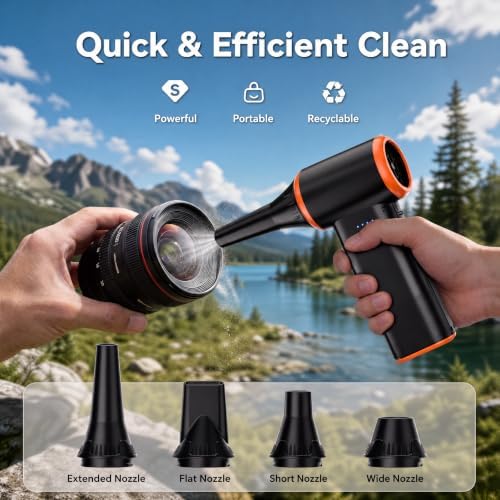 X211 Compressed Air Duster, Rechargeable Compressed Air Blower, Electric,110,000 RPM Brushless Motor with 3 Speeds & 4 Nozzles for Keyboard, PC, Car and Inflation Tasks