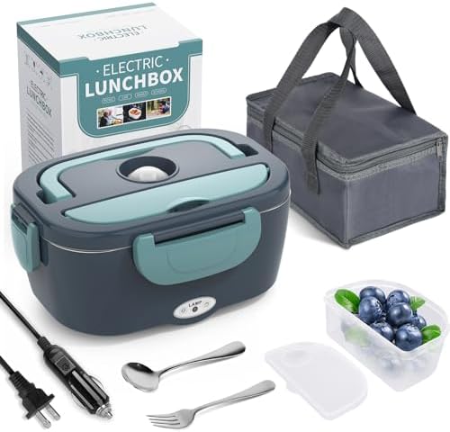 Electric Lunch Box Food Heater, 3 in 1 Ultra Quick Heated Lunch Boxes for Adults, 12V/24V/110V Portable Food Warmer for Car/Truck/Office With Fork Spoon and Insulated Carry Bag, White Elephant Gifts