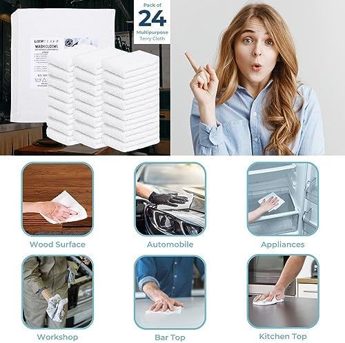 13 x 13 Inches Bar Mop Towels White Terry Cloth Dish Rags, Cotton Cleanings Cloths - Soft & Gentle Face Towels, Absorbent & Lightweight Bar Rags for Kitchen Hand Towels (24 Pack)