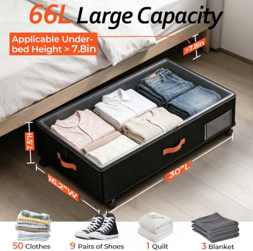 66L 2-Pack,Under Bed Storage with Wheels, 30" L x 16" W x 7.5" H