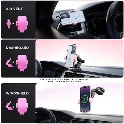 Wireless Car Charger,【7 Colored LED Backlit】 15W Auto Clamping Car Charger Phone Mount Holder fit for iPhone 14 13 12 Mini Pro Max 11 XR XS, Samsung Galaxy S23 Ultra S22 S21+ S10+ Note 20, etc - Pink