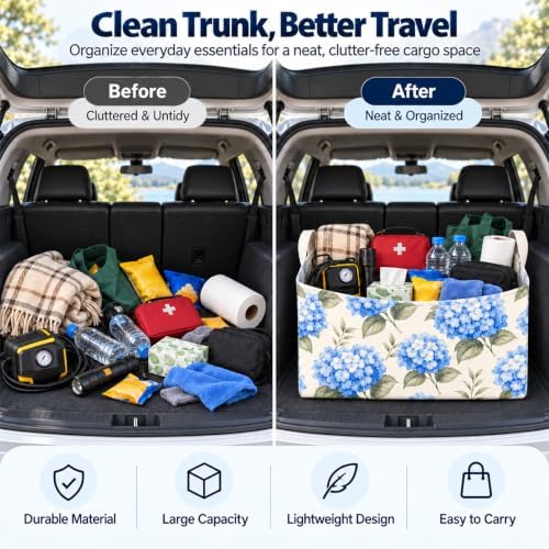 Hydrangea Car Trunk Organizer, Foldable Auto Storage Basket with Handles