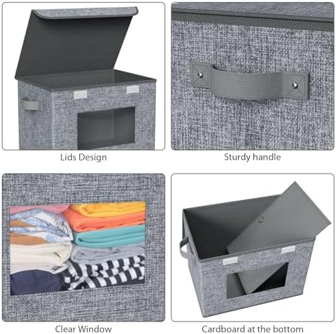 Fabric Storage Bins with Lids for Clothes 4 Pack, Grey Linen