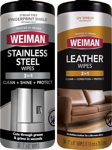 Stainless Steel Wipes and Leather Wipes - Clean and Polish Appliances for a Brighter and Longer Shine - Clean, Condition and Restore Leather Surfaces - Packaging May Vary