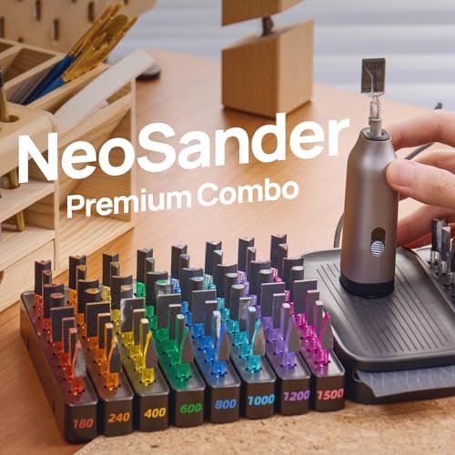 NeoSander Premium Combo – Mini Reciprocating Detail Sander Kit with 64 Color-Coded Sanding Heads, Charging Dock & Basic Sandpaper Set, Gift Idea for 3D Printing, Model Makers & DIY Enthusiasts