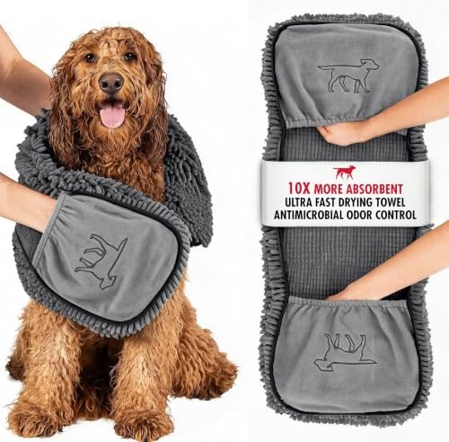 Quick Dry Towel for Dogs | Ultra Absorbent Microfiber Shammy | Extra Large 35x15 Size Dog Bath Towel | Comfortable Hand Pockets | Indoor Outdoor Use | Durable Material | Machine Washable