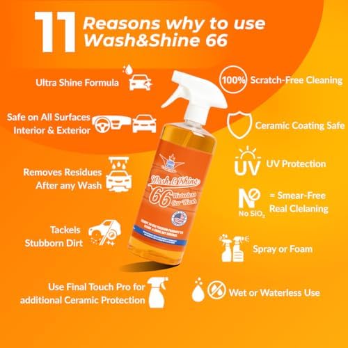 Premium WATERLESS Car Wash with Ultra Car Shine Effect California Wash&Shine 66 | Powerful Car Wash Soap for All Surfaces | Scratch-Free & Biodegradable Car Cleaner | 1 GAL
