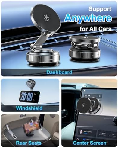 For MagSafe Car Mount Charger, 15W Fast Charging Magnetic Wireless Car Charger, Vacuum Magnetic Phone Holder [120LBS Ultra Suction Cup & 3000gf Magnet ] 780° Dashboard Car Bracket for iPhone & Android