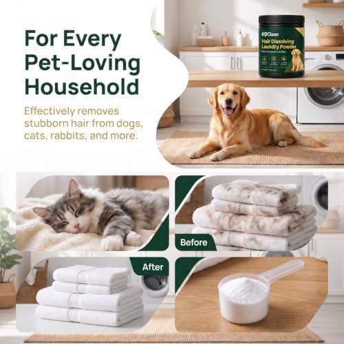 K9 Clean Pet Hair Dissolver, Hair Dissolver for Washing Machine, Enzyme Laundry Powder for Dog and Cat Coat, Helps Release Embedded Fur from Bedding, Clothes and Blankets, 10.58 oz