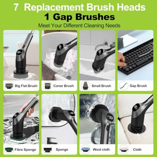 Electric Spin Scrubber - 10-in-1 Cordless Shower Scrubber & Cleaning Brush with Extendable Handle, 42 in-lbs Ultra High Torque, 2 Speeds, IPX7, LED Display, Smart AI Chip, for Bathroom, Kitchen