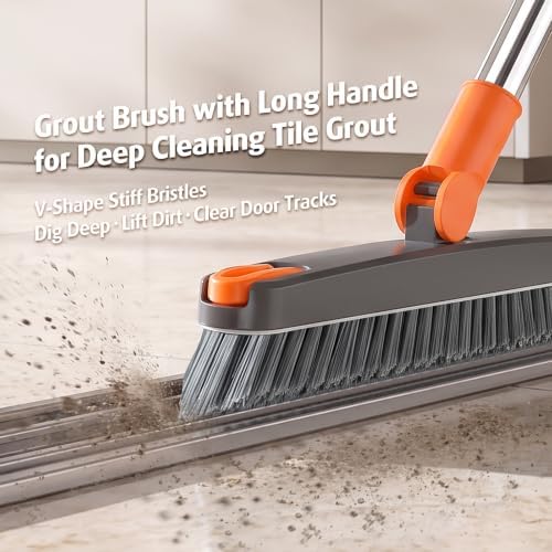 Heavy Duty Grout Scrub Brush with Long Handle & Hair Clip