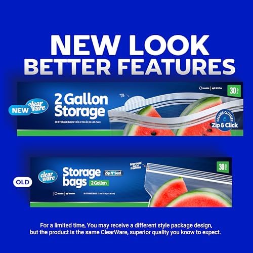 2 Gallon Storage Bags, Double Zipper Seal - 60 Count, Resealable Thick Plastic Food Storage Bags, Zero BPA - Resealable Containers for Lunch, Snacks, Meals - 2 Boxes