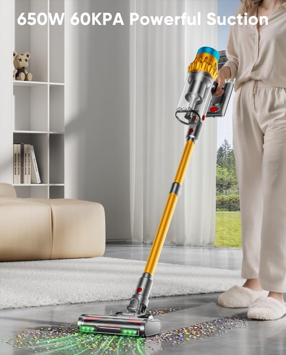 Cordless Vacuum Cleaner, 650W/60KPA/70 Mins Vacuum Cleaners for Home,Self-Standing Wireless Vacuum, Anti-Tangle Brush, Smart Display,1.8L Cup Cordless Stick Vacuum Cleaner for Pet Hair/Carpets (Gold)