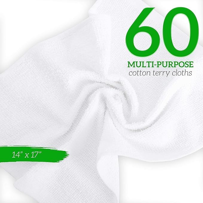 60-Pack Cotton Wash Cloths – 14"x17" Absorbent Cleaning Rags for Housekeeping, Kitchen Towels, Bar Mop Towels, Durable Terry Cloth Rags, Premium Quality Multipurpose Washcloths