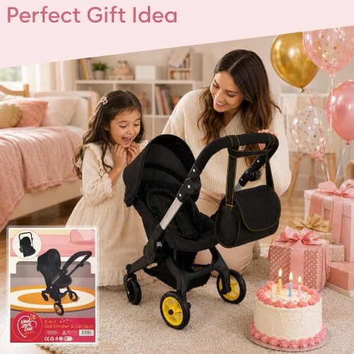 Baby Doll Car Seat Stroller Combo – Convertible 2 in 1 Doll Stroller and Car Seat for Kids – Fits Up to 20” Dolls – Play Toy Baby Stroller with Adjustable Handle for Girls (Black)