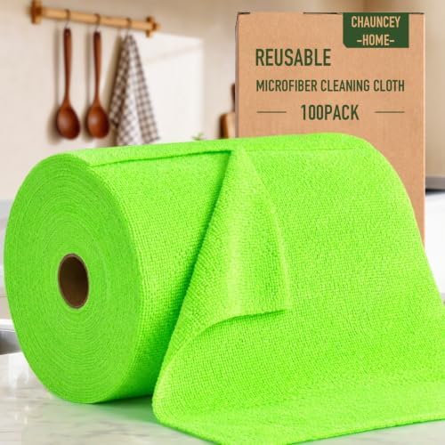 Microfiber Cleaning Cloth Roll - 100 Pack Tear Away Microfiber Paper Towels, Reusable, Washable, Scratch-Free, Kitchen Towels for Car, Home, Kitchen, Glass, Dishes (Neon Green)