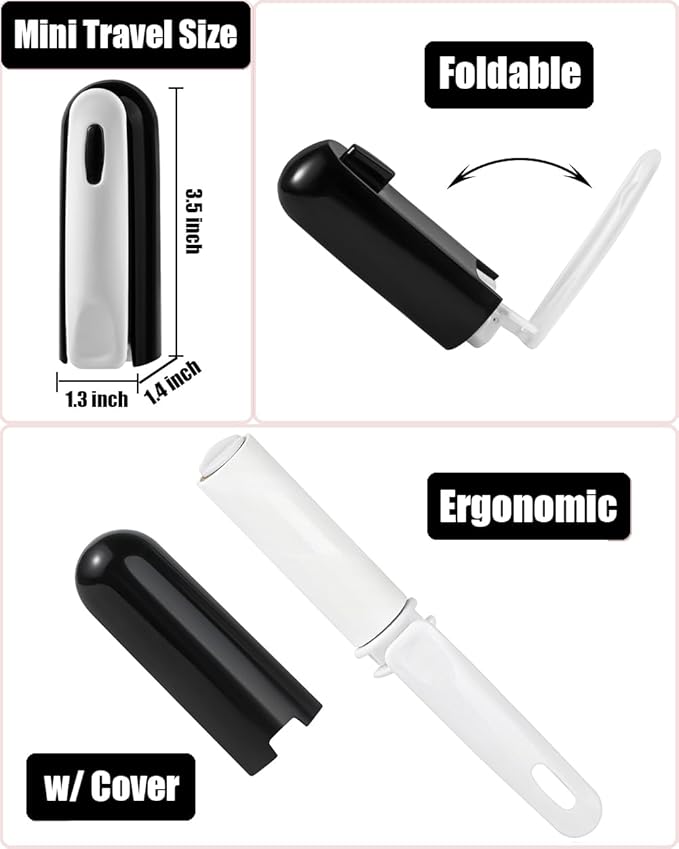 Travel Lint Roller for Clothes Mini Foldable Lint Roller with Cover and 4 Refills Total 150 Extra Sticky Sheets Travel Size Pet Hair Remover Roller (Black)
