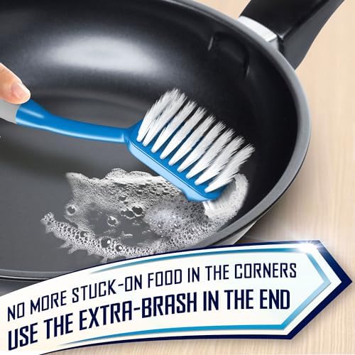 Dish Brush Set of 4 - Kitchen Scrub Brushes with Non-Slip Long Handle for Cleaning, Scrubber, Dishwashing, Dishes, Bottles, Straws, Cups, Pots & Sink, Blue