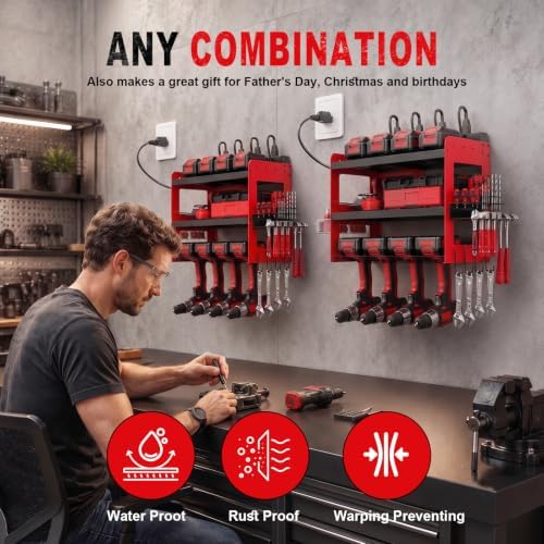 Power Tool Organizer with Charging Station, Wall Mounted 3-Tier Heavy Duty Garage Tool Organizer, 4 Cordless Drill Holders, Battery Storage Shelf, 150 lb Capacity