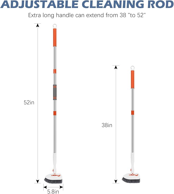 SetSail Floor Scrub Brush, Tile Tub Floor Scrubber with 52-inch Adjustable Long Handle Shower Cleaner Brush for Cleaning Toilet Kitchen Bathroom Tub Tile Wall Sink, White Orange