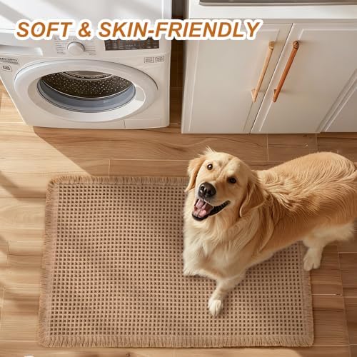 Luxury Waffle Bath Mat, Super Absorbent Non Slip Bathroom Rugs, Boho Ultra Soft Comfort Machine Washable Quick Dry Floor Mats with Tassels (Brown, 17" x 24" + 20" x 30")