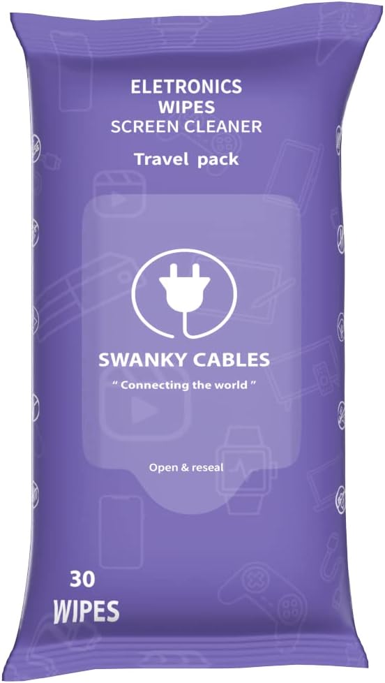 Swanky Cables Screen Cleaner Wipes: Electronic Wipes for Screens - Computer Screen Wipes for Lens, Phone, Tv Screen and Monitor Cleaning - Tech Wipes & Microfiber Cloth (Soft Wipes, 30 Count)