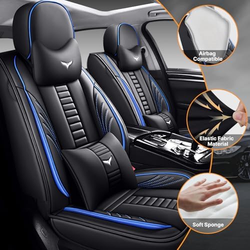 Luxury 2 Seats Car Seat Covers Protectors for Jeep Wrangler Unlimited 2019-2025, Back Storage Bag Design & Headrest Pillow & Lumbar Support Black & Blue Line