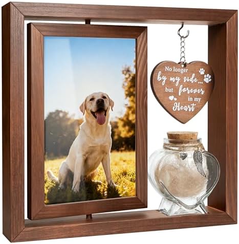 Dog Memorial Gifts for Loss of Pet - Rotating Wooden Frame for 4x6 Photo & Fur Hair Jar - Sympathy Gift for Pet Bereavement, Remembrance Keepsake - Rainbow Bridge Gift for Dog Lovers & Cat Lovers
