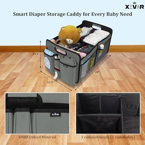 Baby Car Diaper Caddy Organizer with Changing Pad - Portable Car Caddy for Newborn Essentials, Diapers & Wipes, Perfect for Baby Shower and New Mom | Oxford Fabric, Grey