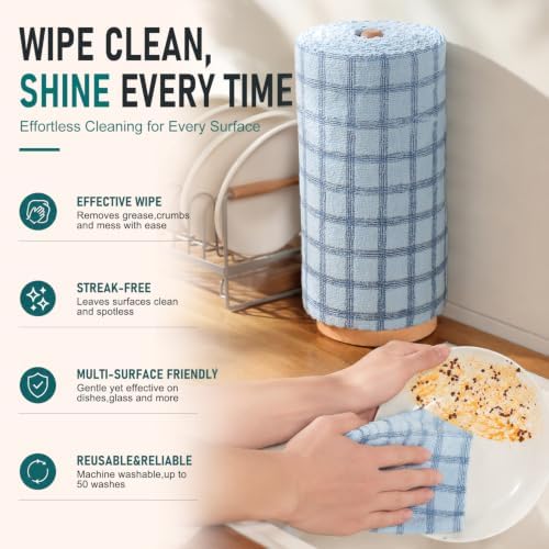Microfiber Cleaning Cloth Roll - 80 Pack, 12" x 12" Grid Pattern | Tear Away Reusable Paper Towels, Ultra Absorbent Lint-Free Shop Rags for Kitchen, Car, Window, All-Purpose Cleaning