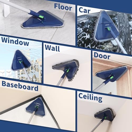 Wall Cleaner Mop with 82 Inches Long Handle, Baseboard Cleaner Tool Duster with Squeegee, Ceiling Cleaning Tool with 6 Replacement Pads for Painted Walls, Window, Floor - Blue
